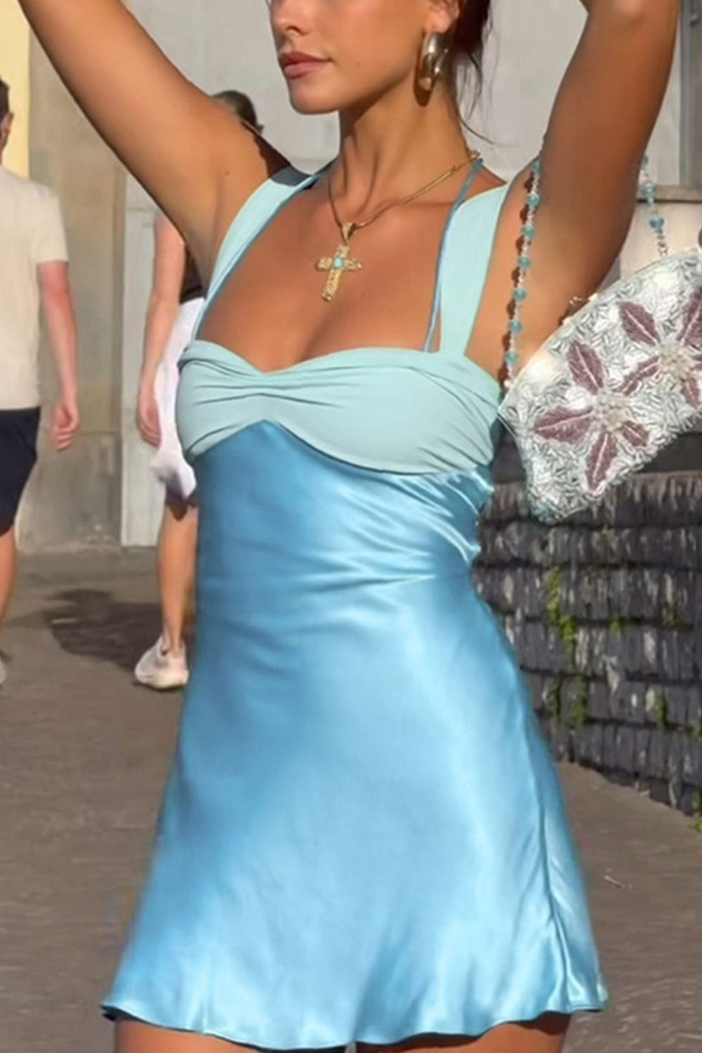 Satin Contrast Color Tie-up Cami Dress Blue · M