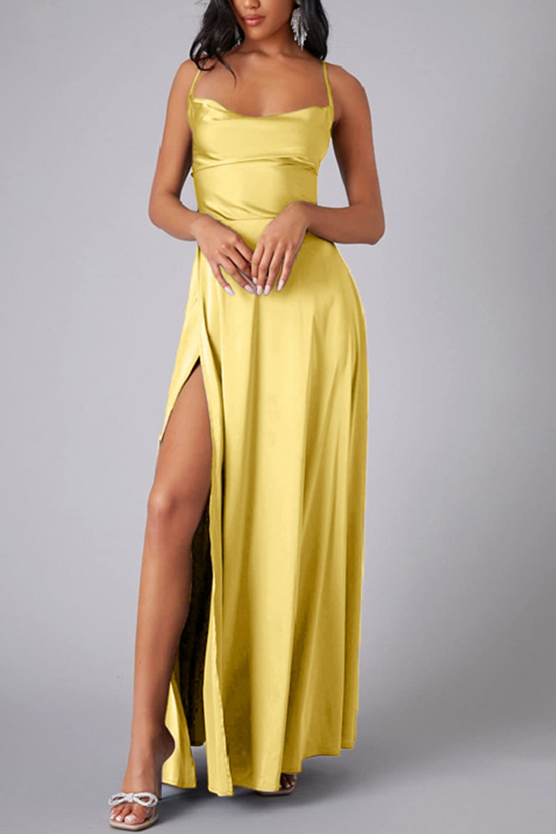 Satin Cowl Neck Tie-up Backless Slit Dress Ocean Blue · 2XL