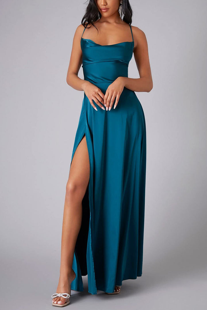 Satin Cowl Neck Tie-up Backless Slit Dress Black · 3XL