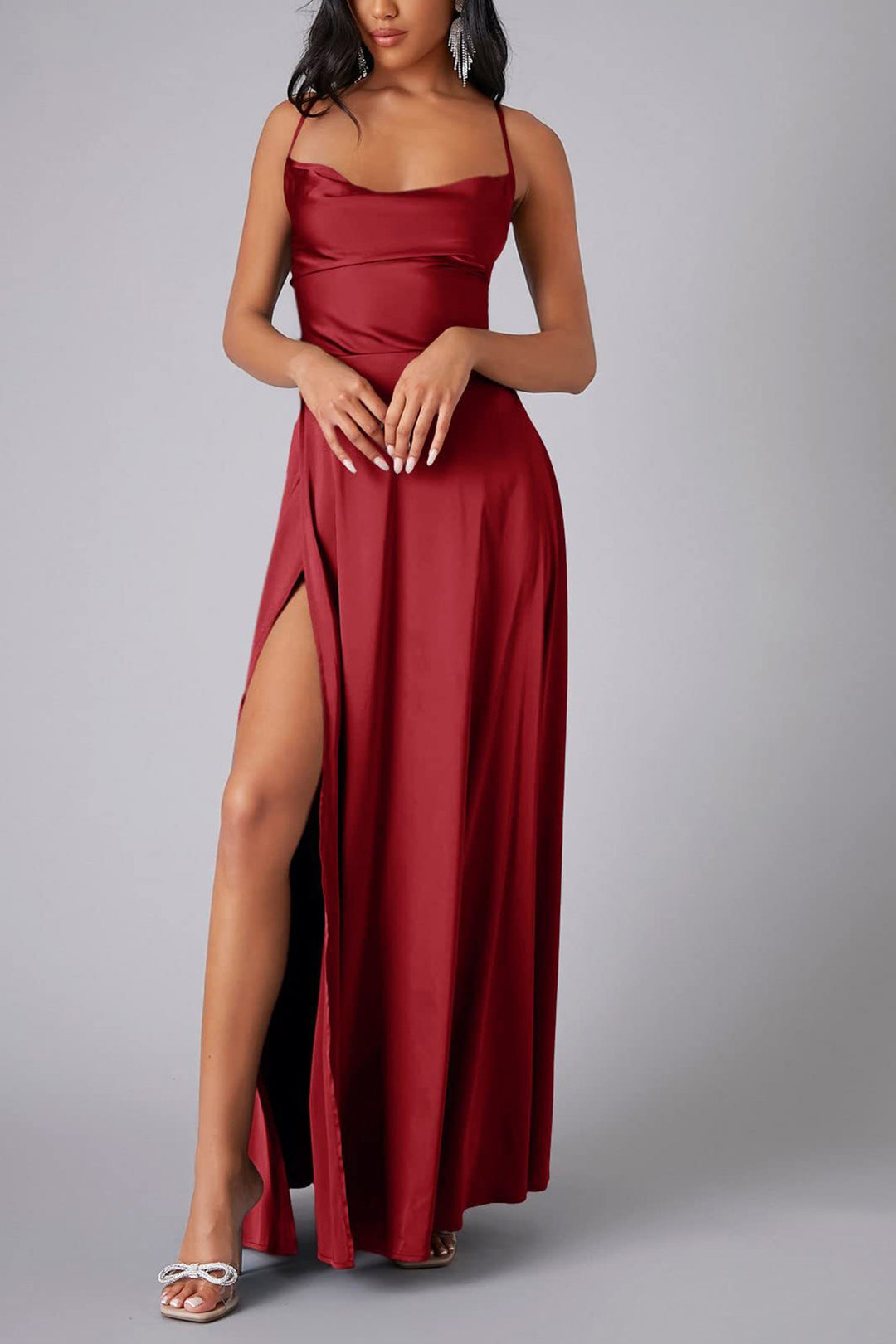 Satin Cowl Neck Tie-up Backless Slit Dress Pink · XL
