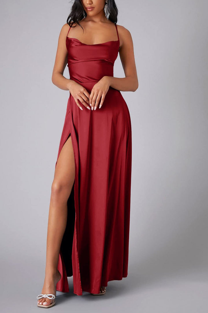 Satin Cowl Neck Tie-up Backless Slit Dress Pink · XL