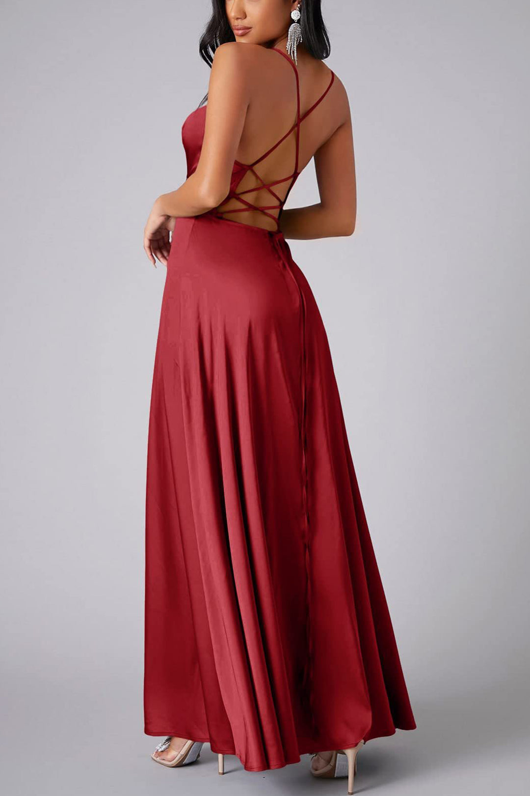 Satin Cowl Neck Tie-up Backless Slit Dress Pink · L
