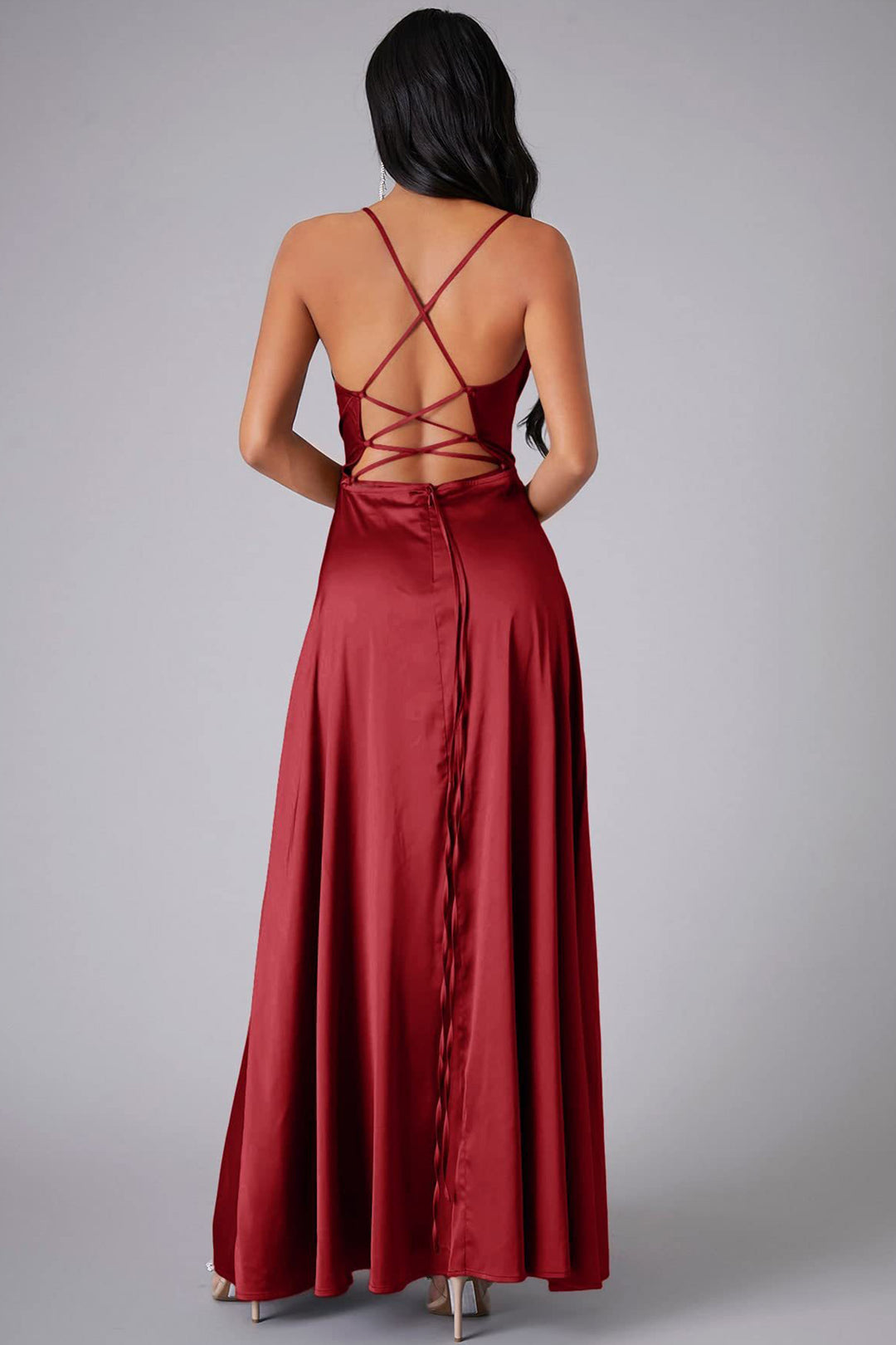 Satin Cowl Neck Tie-up Backless Slit Dress Pink · 2XL