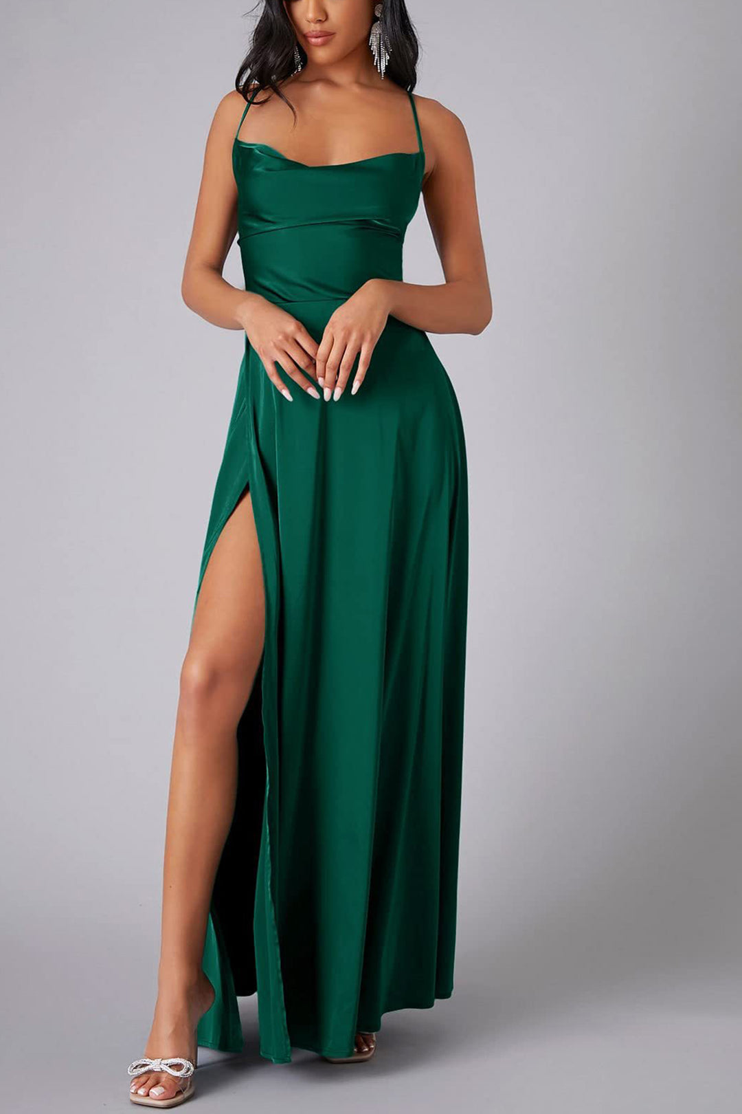 Satin Cowl Neck Tie-up Backless Slit Dress Red · 2XL