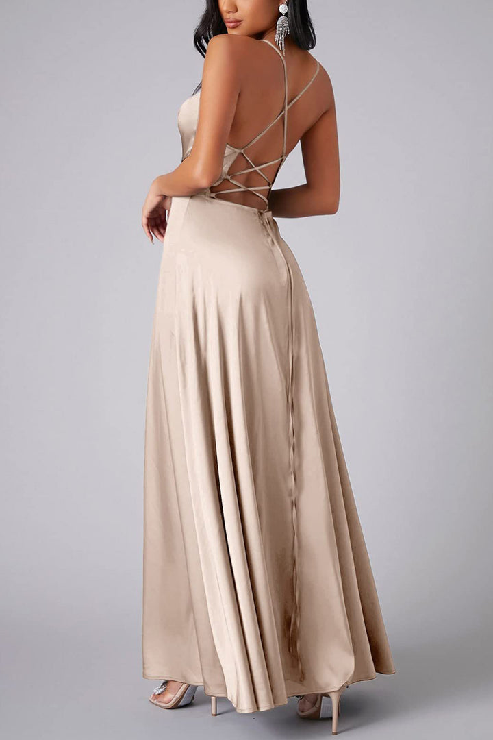 Satin Cowl Neck Tie-up Backless Slit Dress Khaki · S