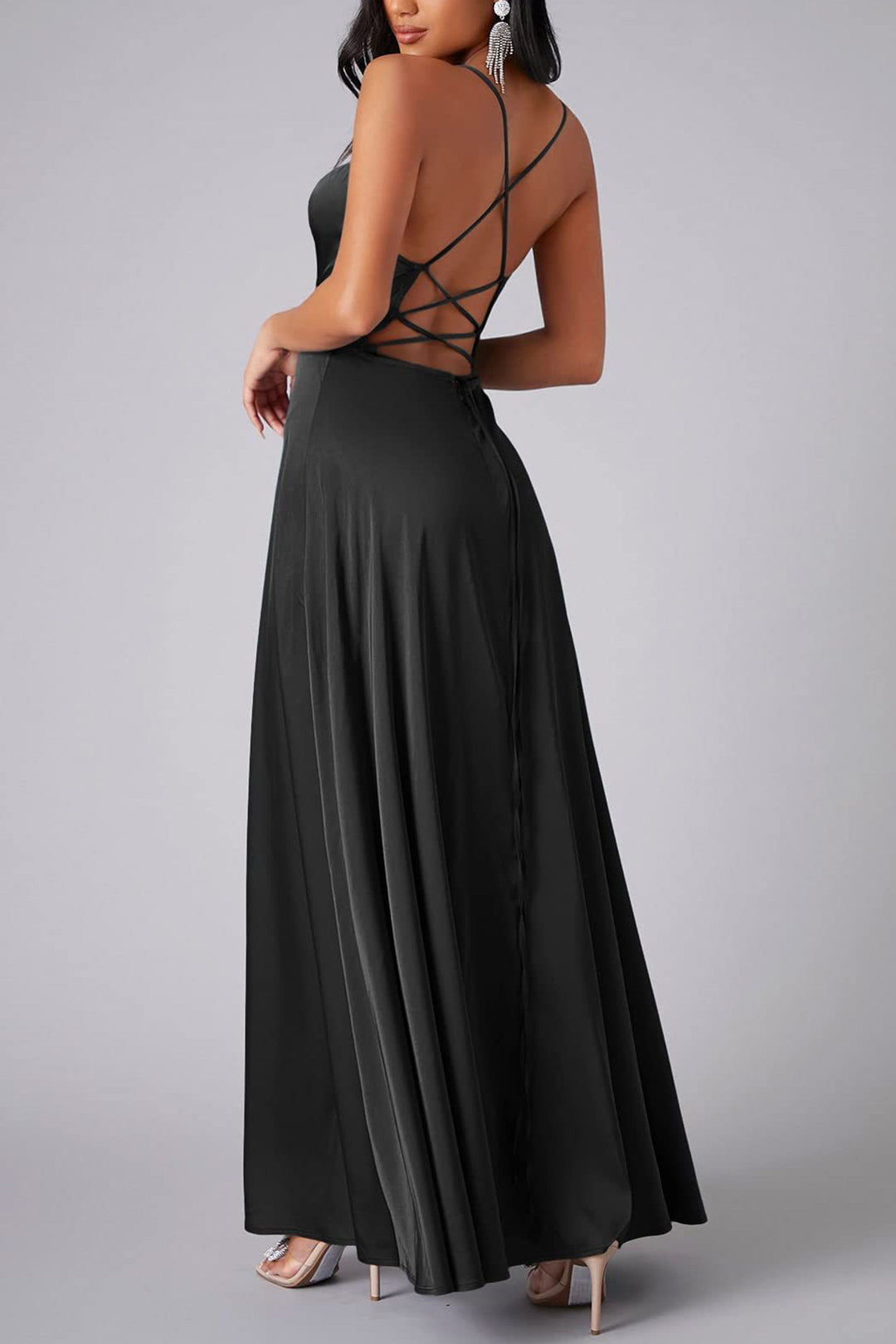Satin Cowl Neck Tie-up Backless Slit Dress Green · L