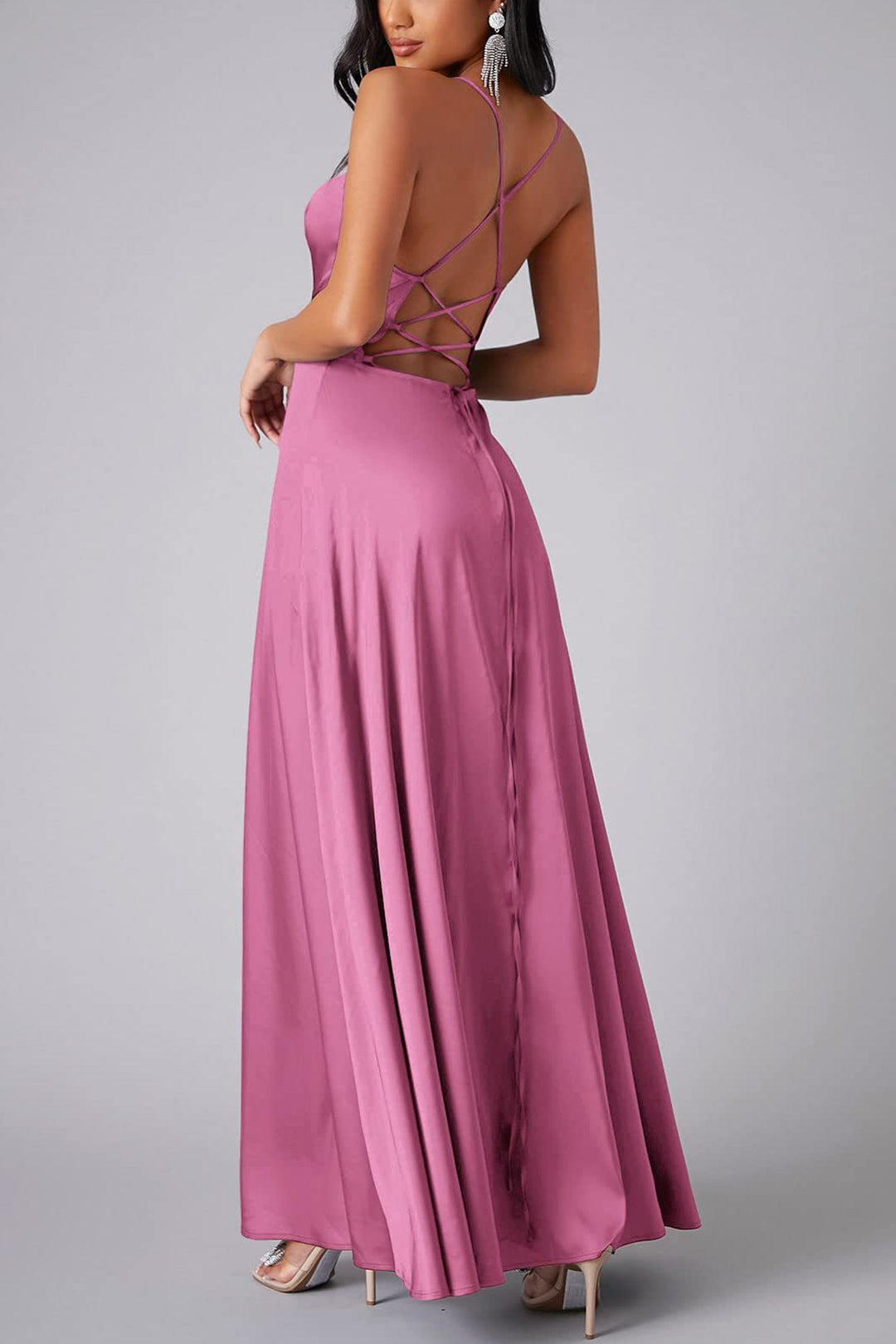 Satin Cowl Neck Tie-up Backless Slit Dress Pink · S