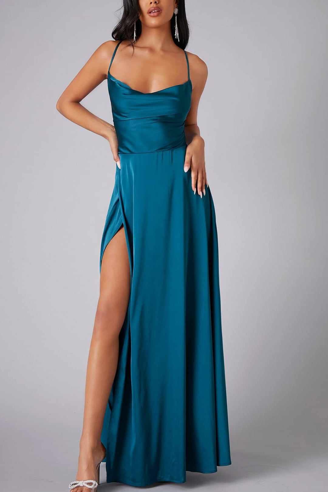Satin Cowl Neck Tie-up Backless Slit Dress Ocean Blue · S