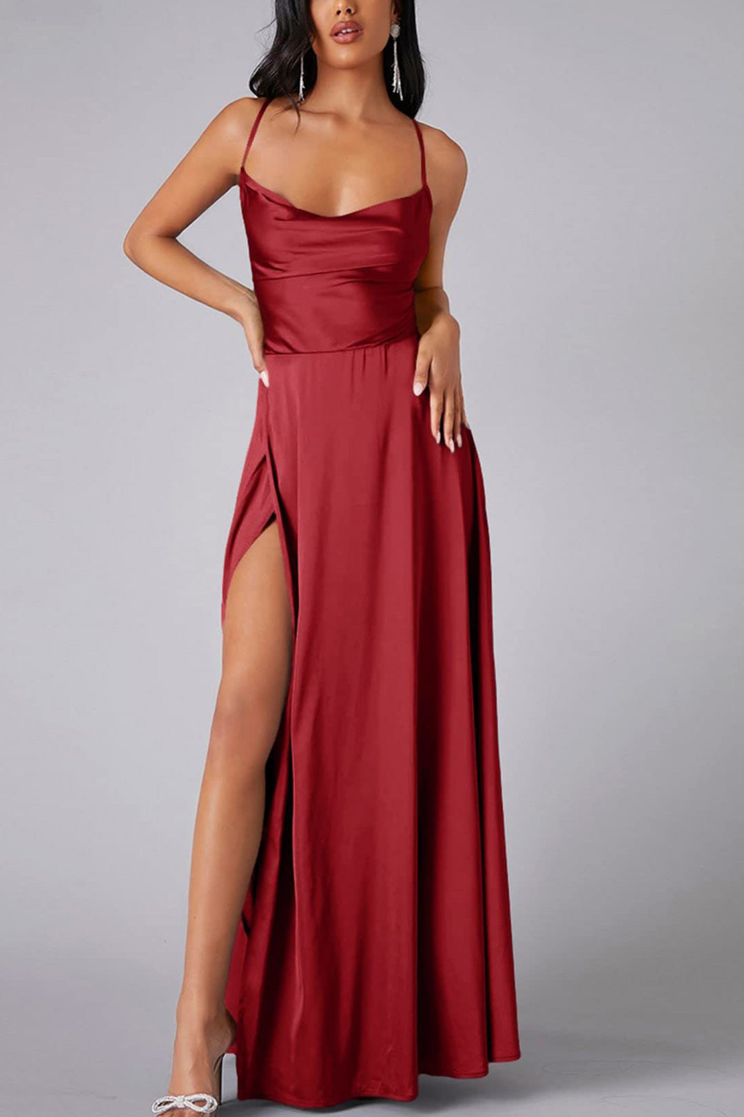 Satin Cowl Neck Tie-up Backless Slit Dress Pink · 3XL
