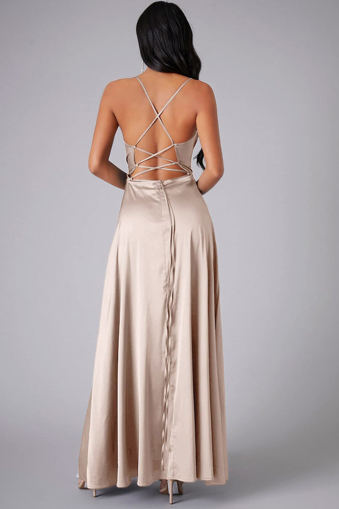 Satin Cowl Neck Tie-up Backless Slit Dress Khaki · 2XL