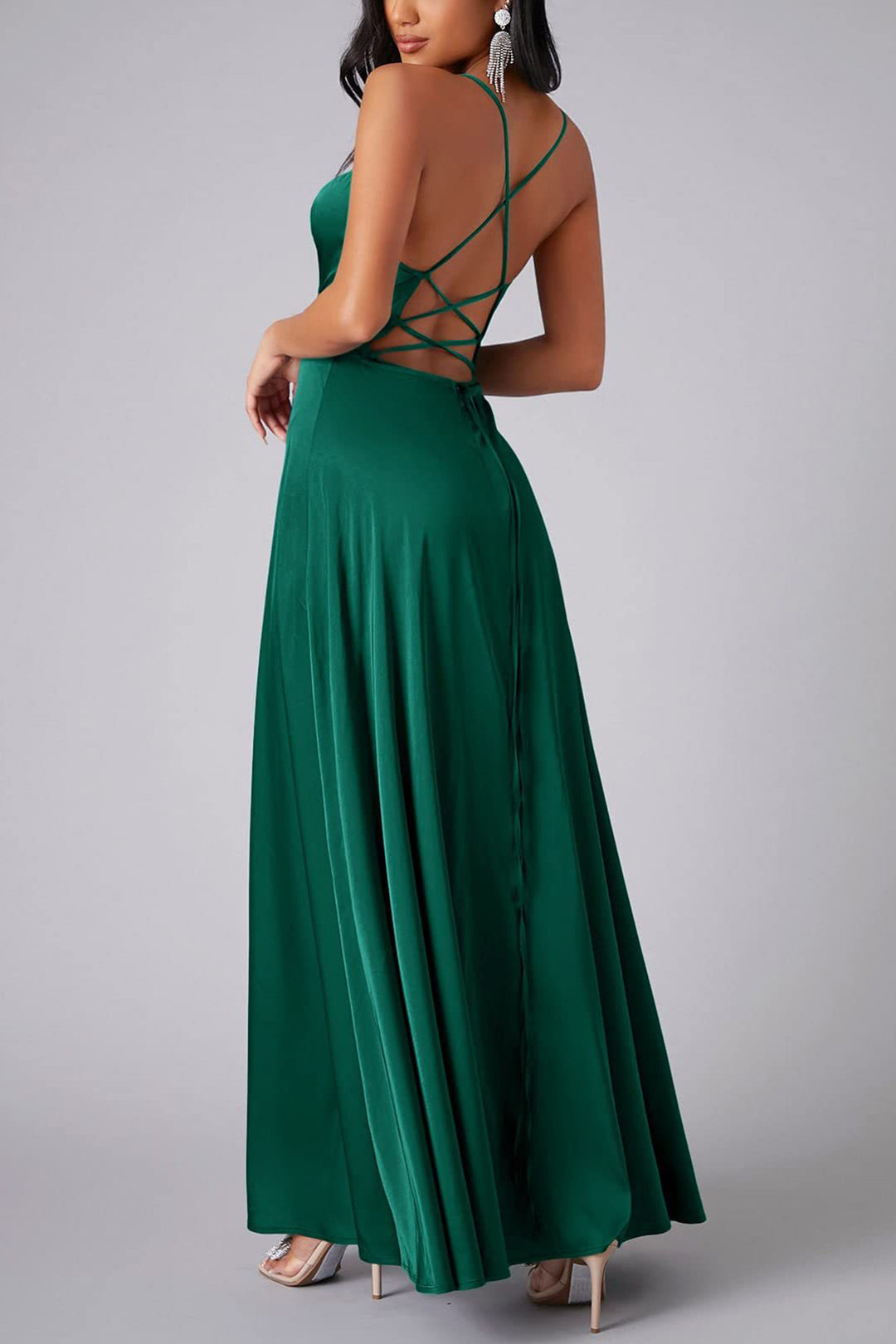 Satin Cowl Neck Tie-up Backless Slit Dress Red · XL