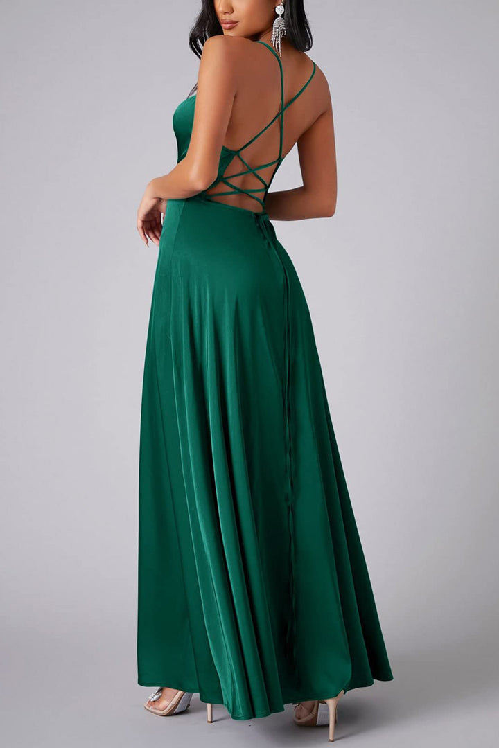 Satin Cowl Neck Tie-up Backless Slit Dress Red · XL