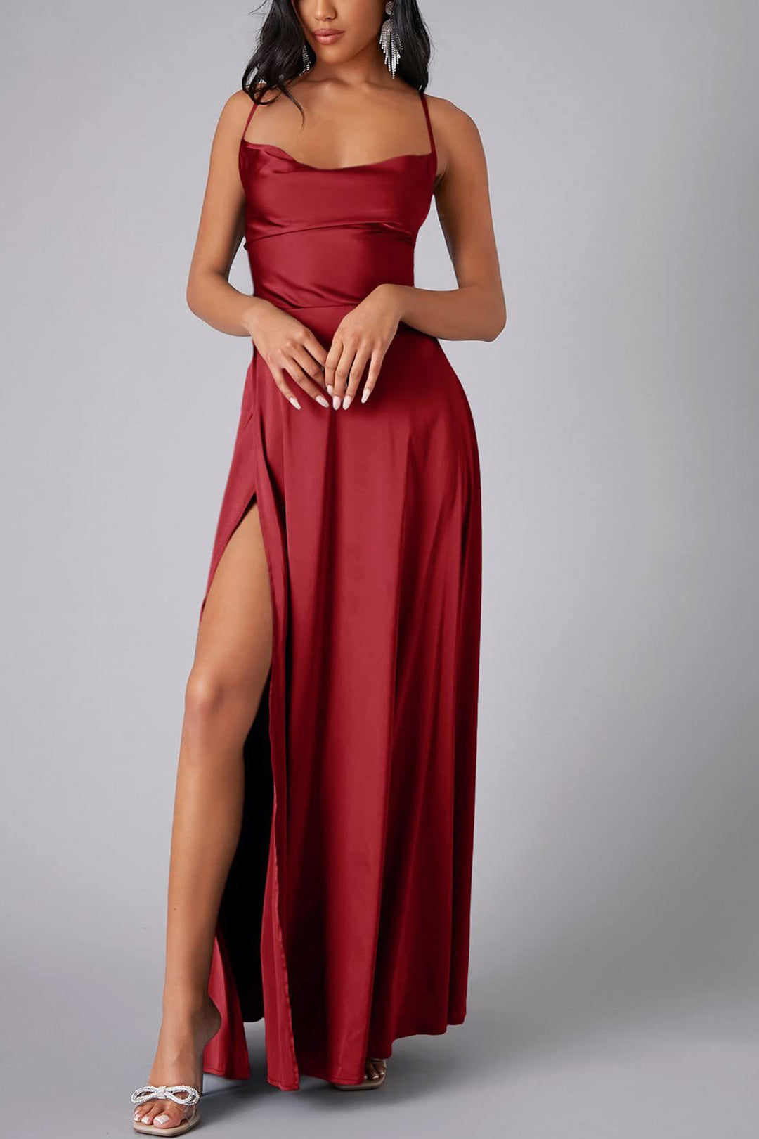 Satin Cowl Neck Tie-up Backless Slit Dress Red · M