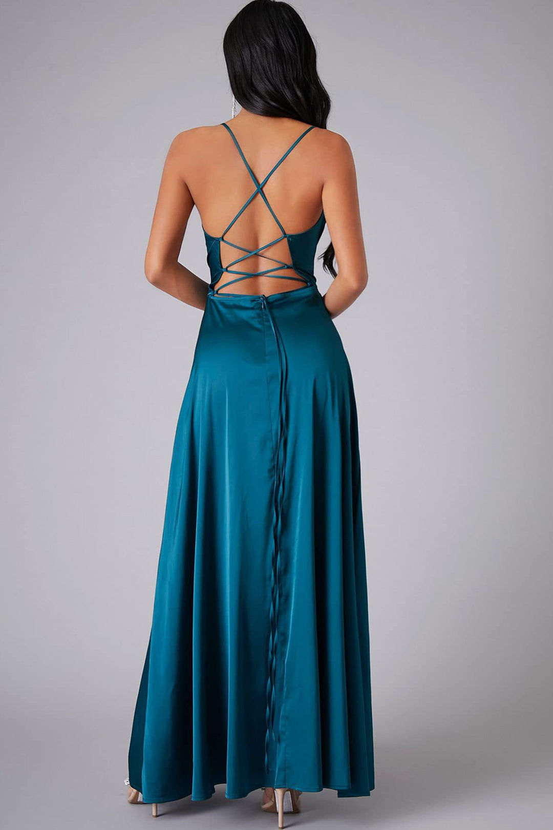 Satin Cowl Neck Tie-up Backless Slit Dress Black · L