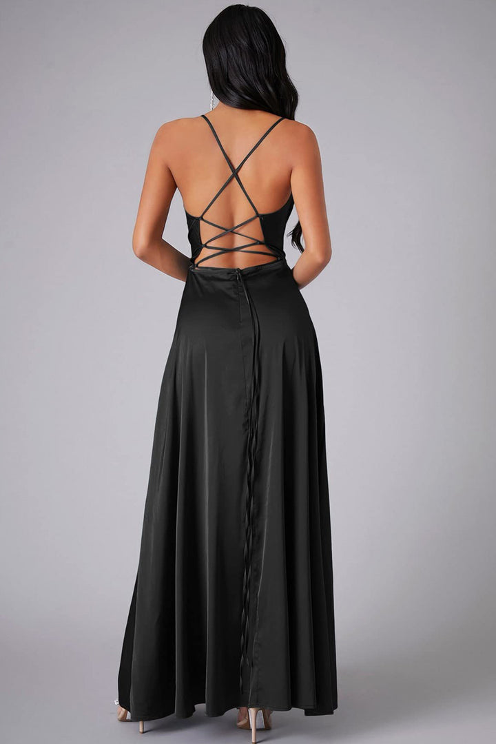Satin Cowl Neck Tie-up Backless Slit Dress Black · S