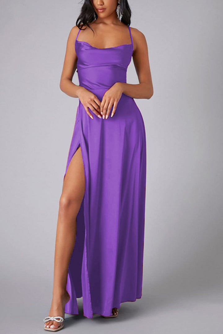 Satin Cowl Neck Tie-up Backless Slit Dress Ocean Blue · XL