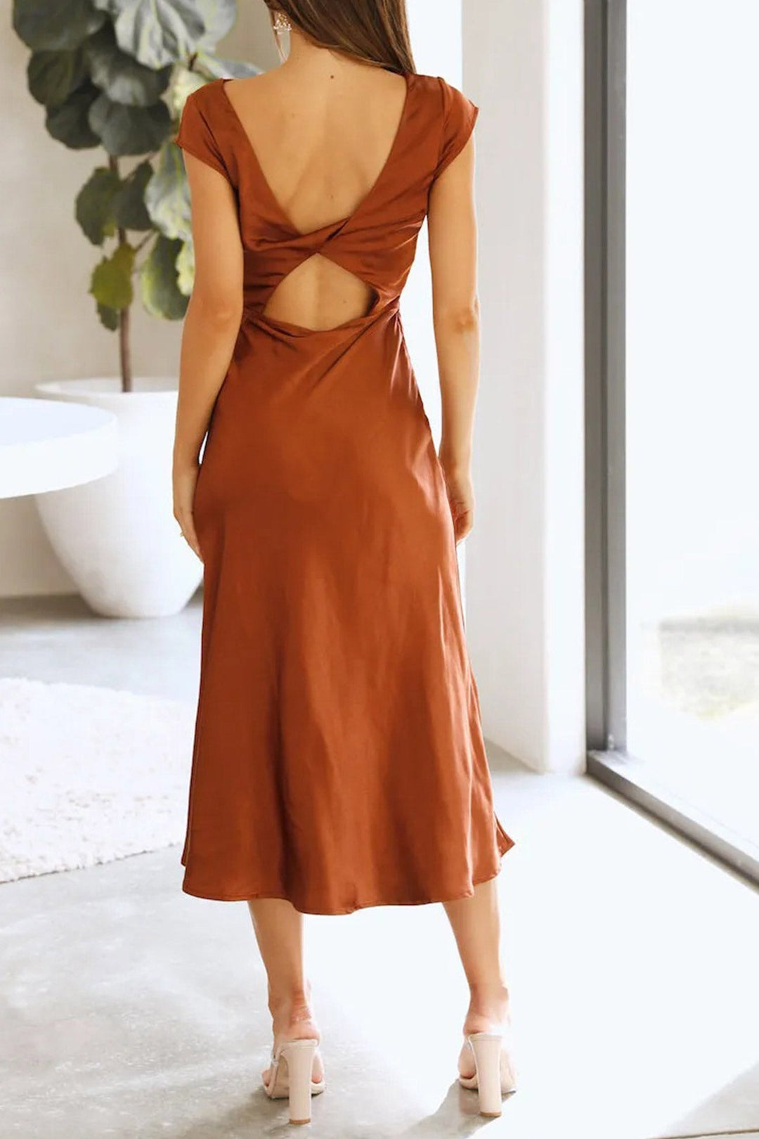 Satin Cowl Neck Twisted-back Slit Dress Brown · S