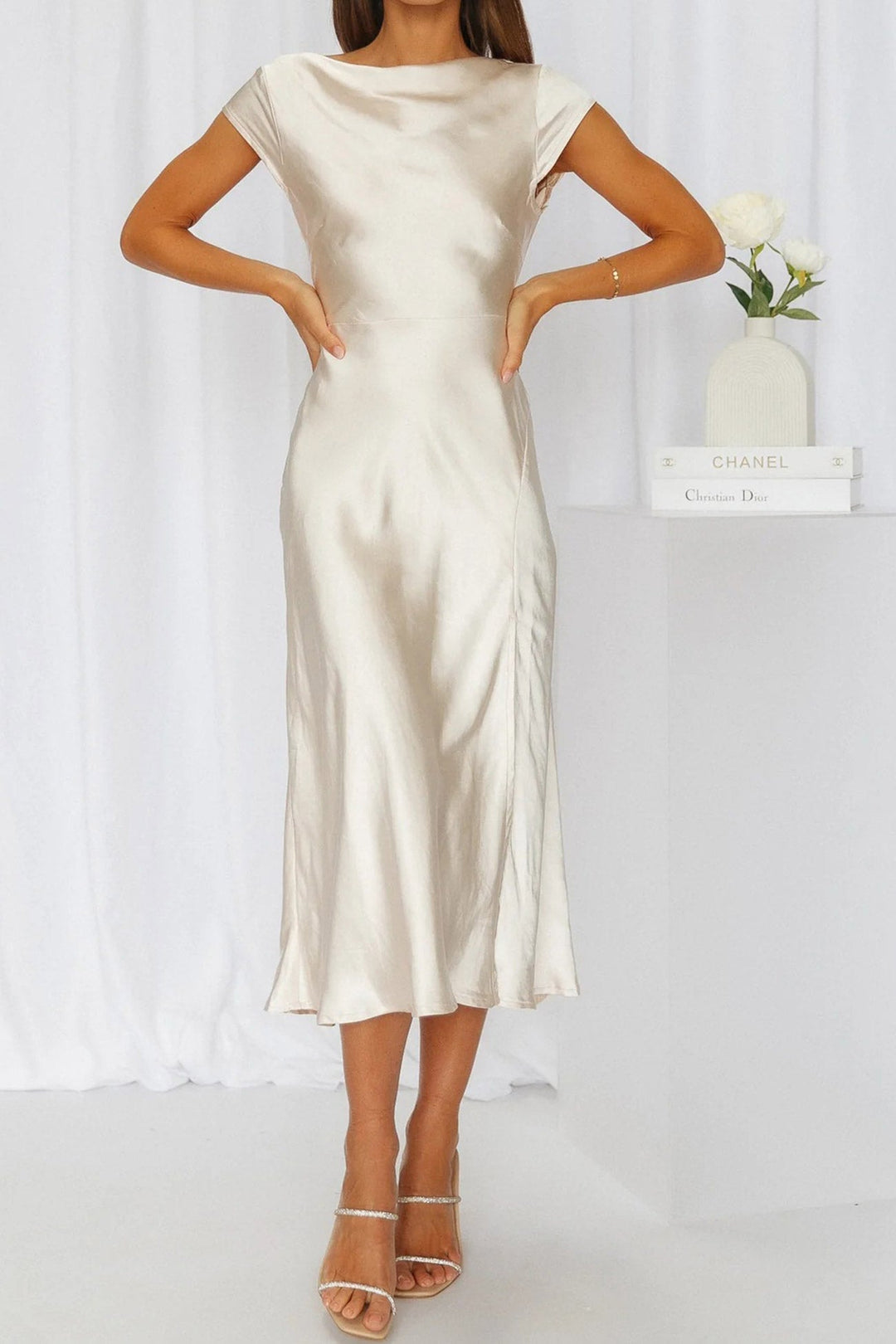 Satin Cowl Neck Twisted-back Slit Dress Brown · L