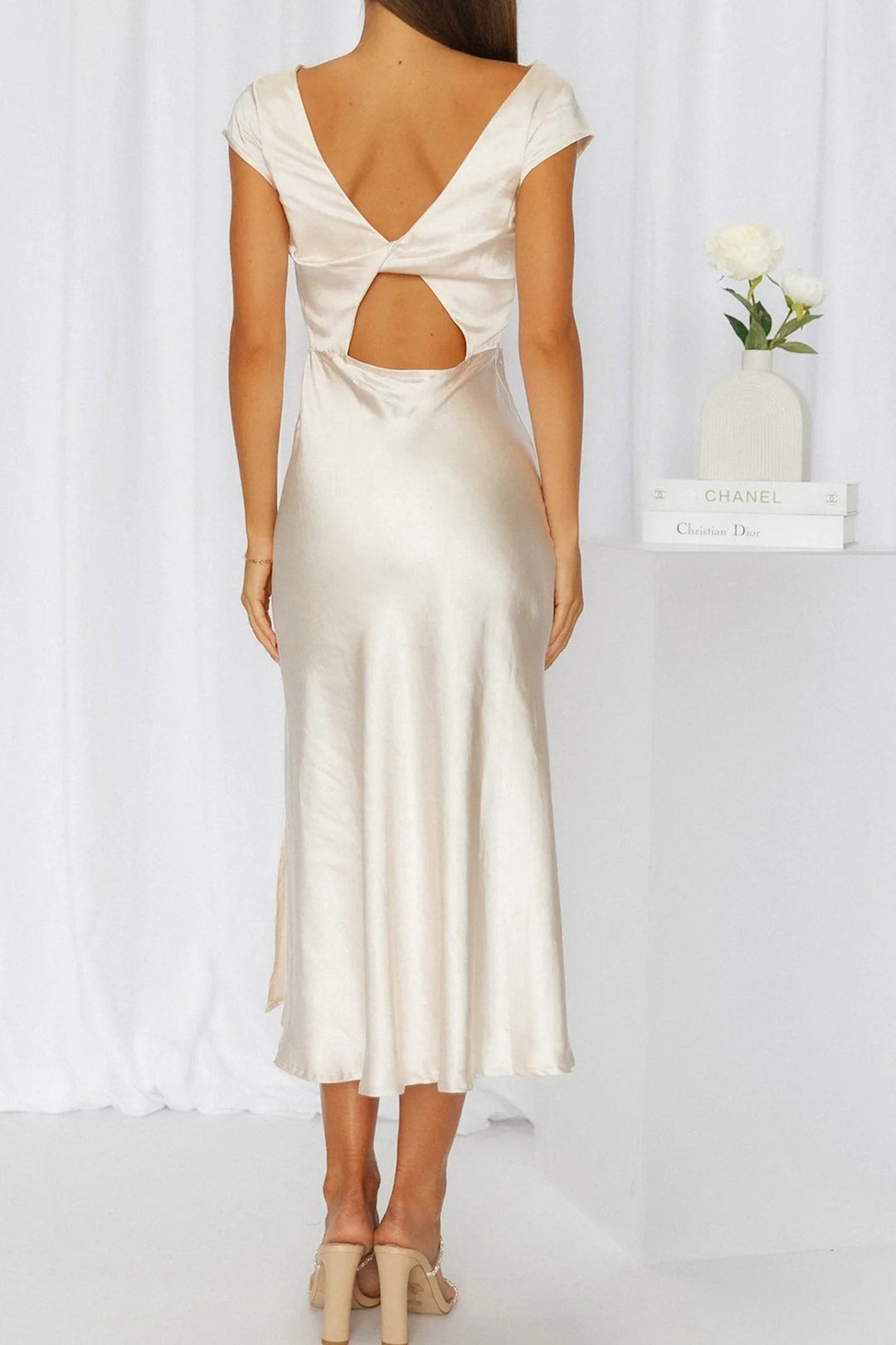 Satin Cowl Neck Twisted-back Slit Dress Champagne · S