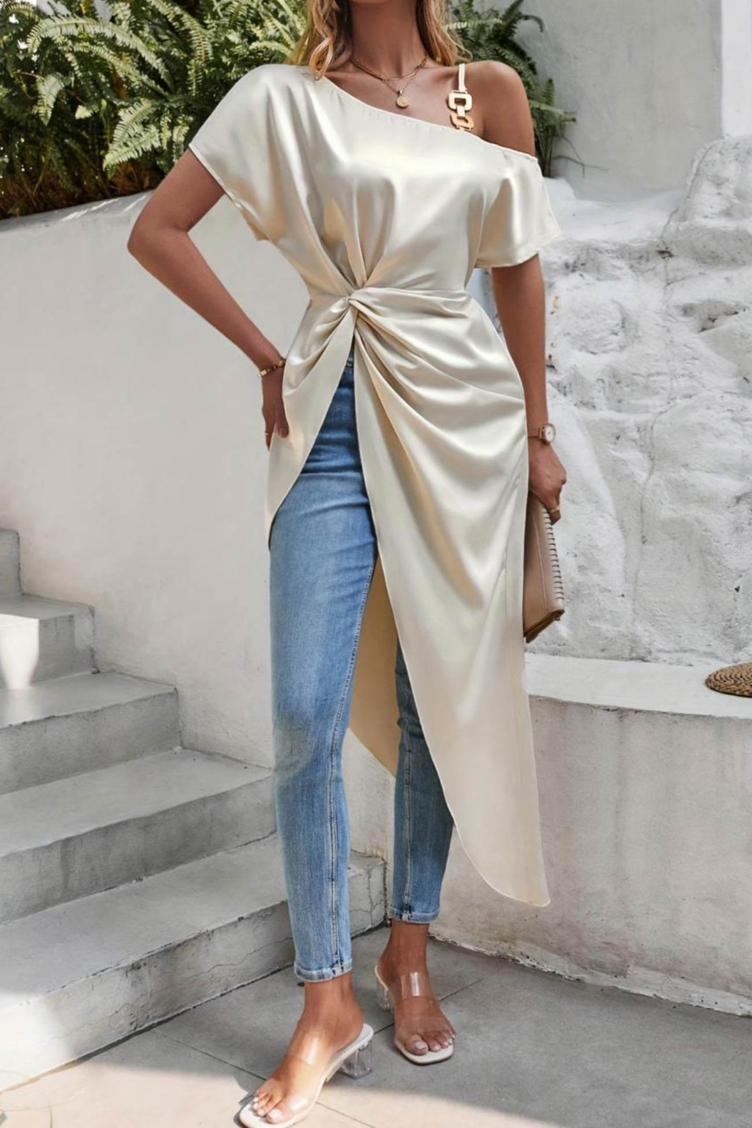 Satin Drop Shoulder Ruched Slit Tops Champagne · S
