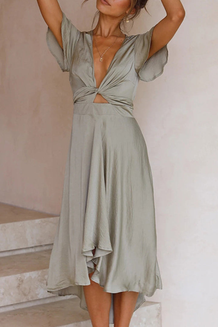 Satin Flares Sleeve Twisted-front Dress Green · S