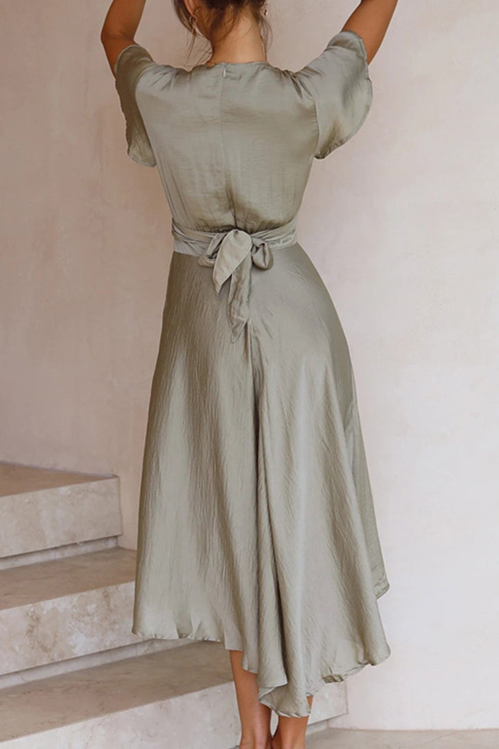Satin Flares Sleeve Twisted-front Dress Green · M