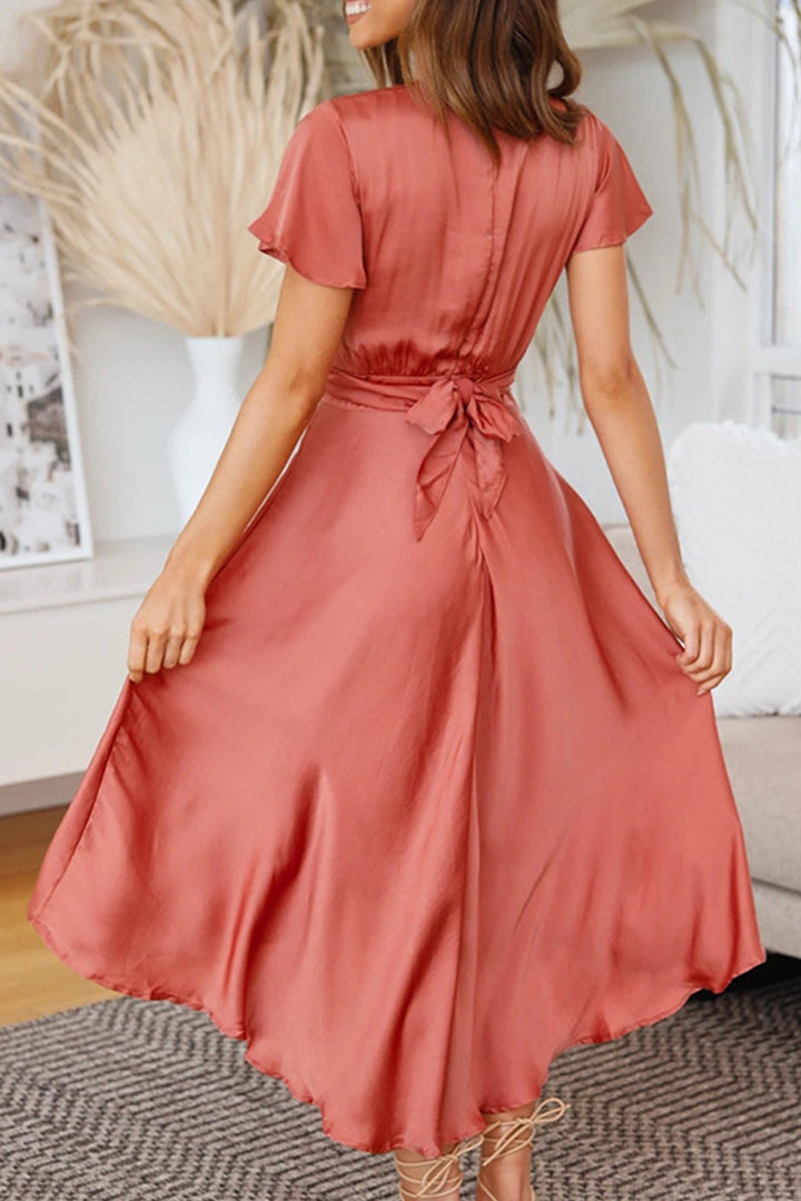 Satin Flares Sleeve Twisted-front Dress Red · S