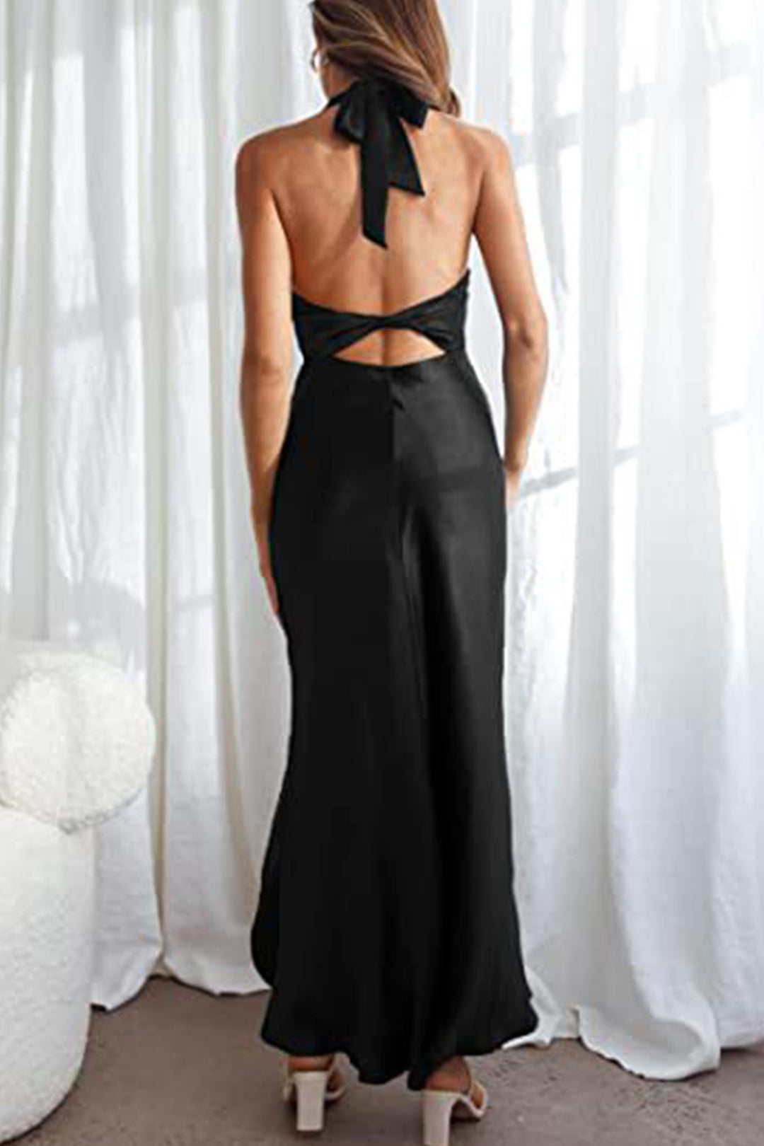 Satin Halter Backless Slit Dress Peacock Green · XL