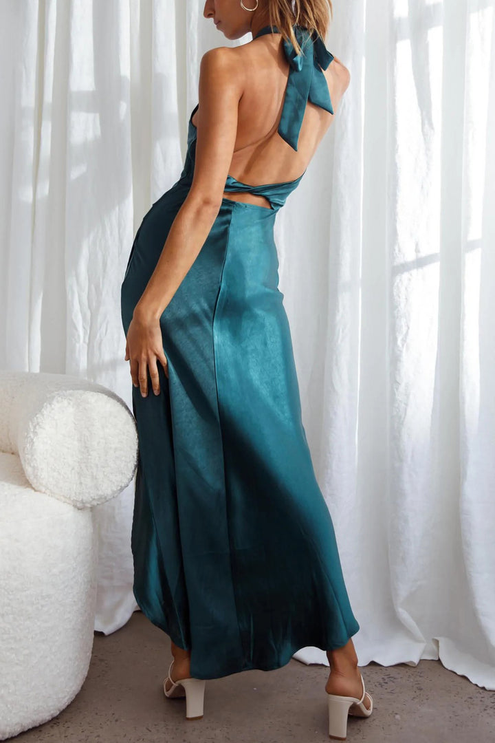 Satin Halter Backless Slit Dress Light Blue · L