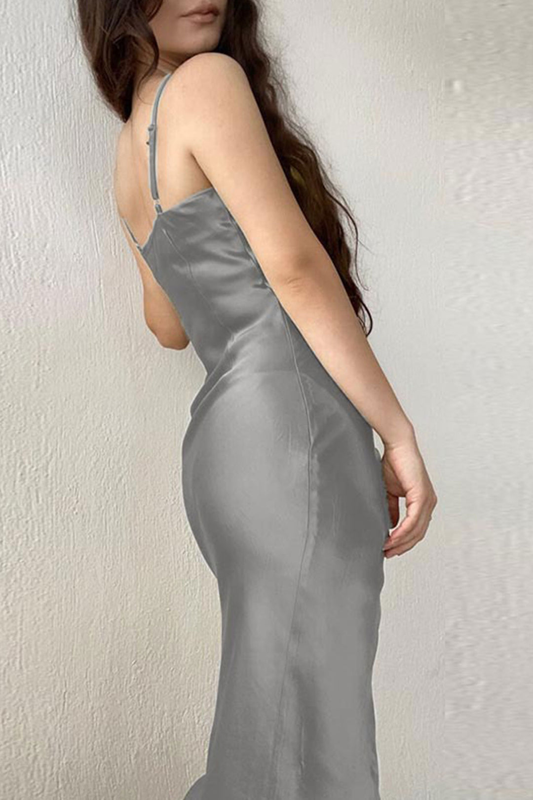 Satin Low Cut Slit Cami Dress Pink · L