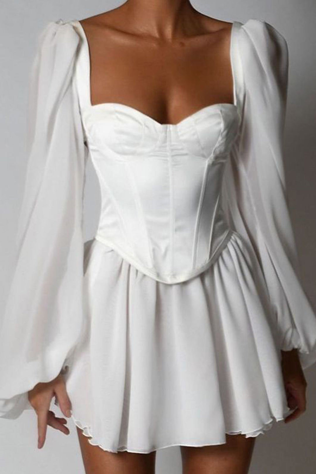 Satin Patchwork Corset Chiffon Mini Dress White · M