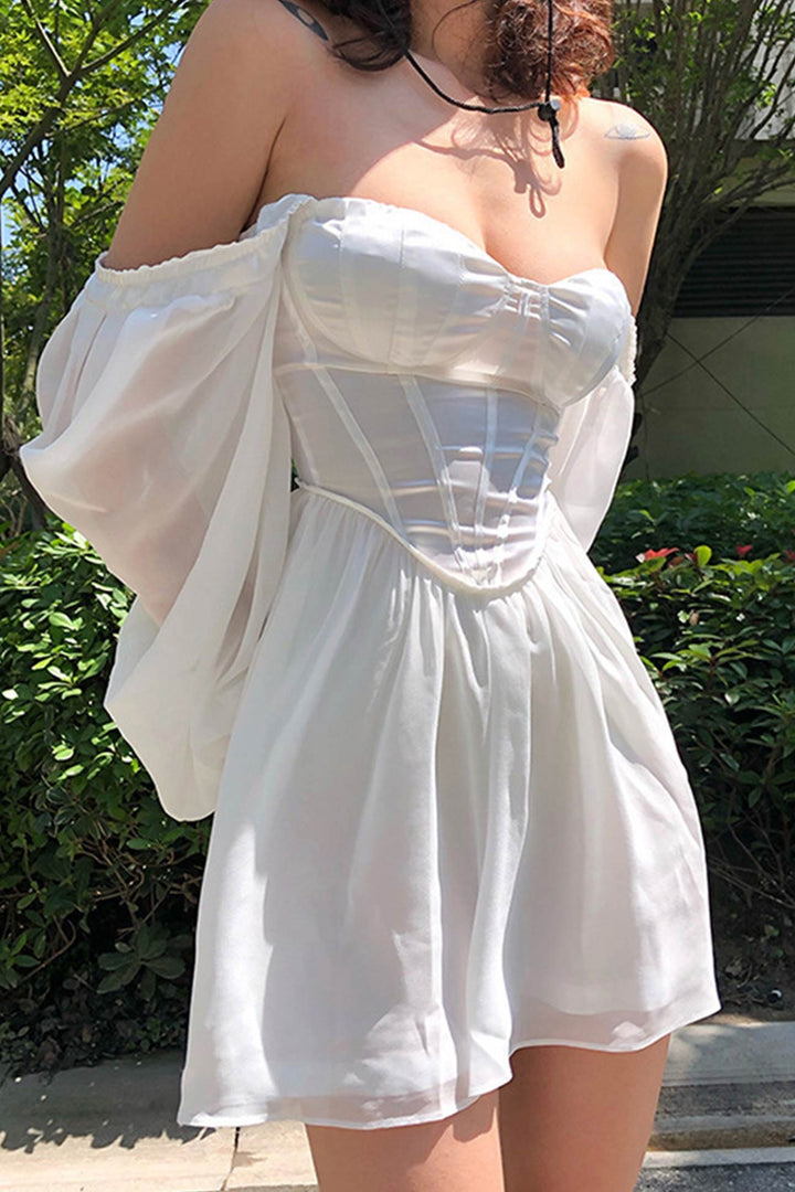 Satin Patchwork Corset Chiffon Mini Dress White · L