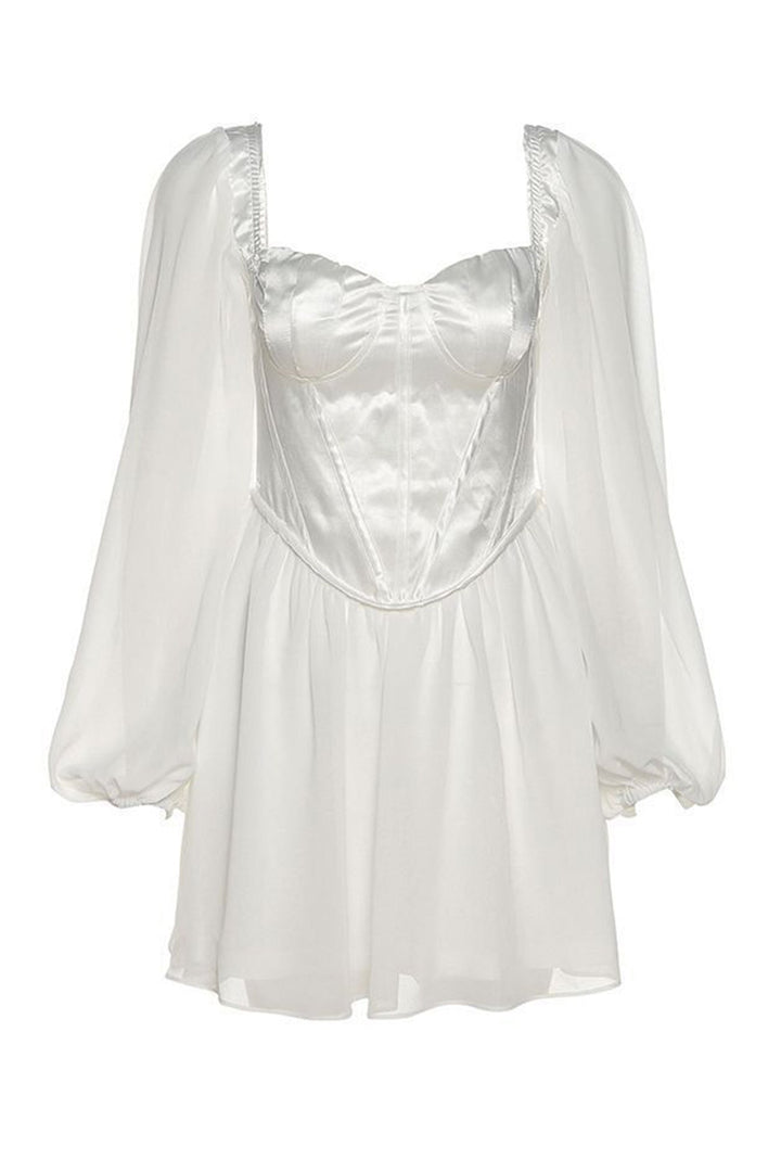 Satin Patchwork Corset Chiffon Mini Dress White · 2XL