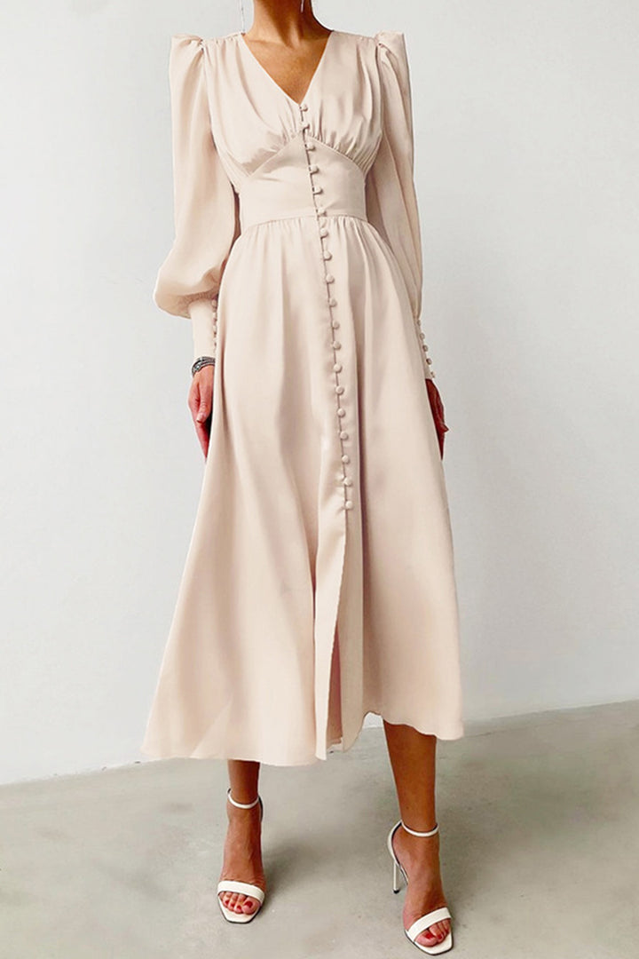 Satin Puff Sleeve Single-breasted Midi Dress Beige · XS