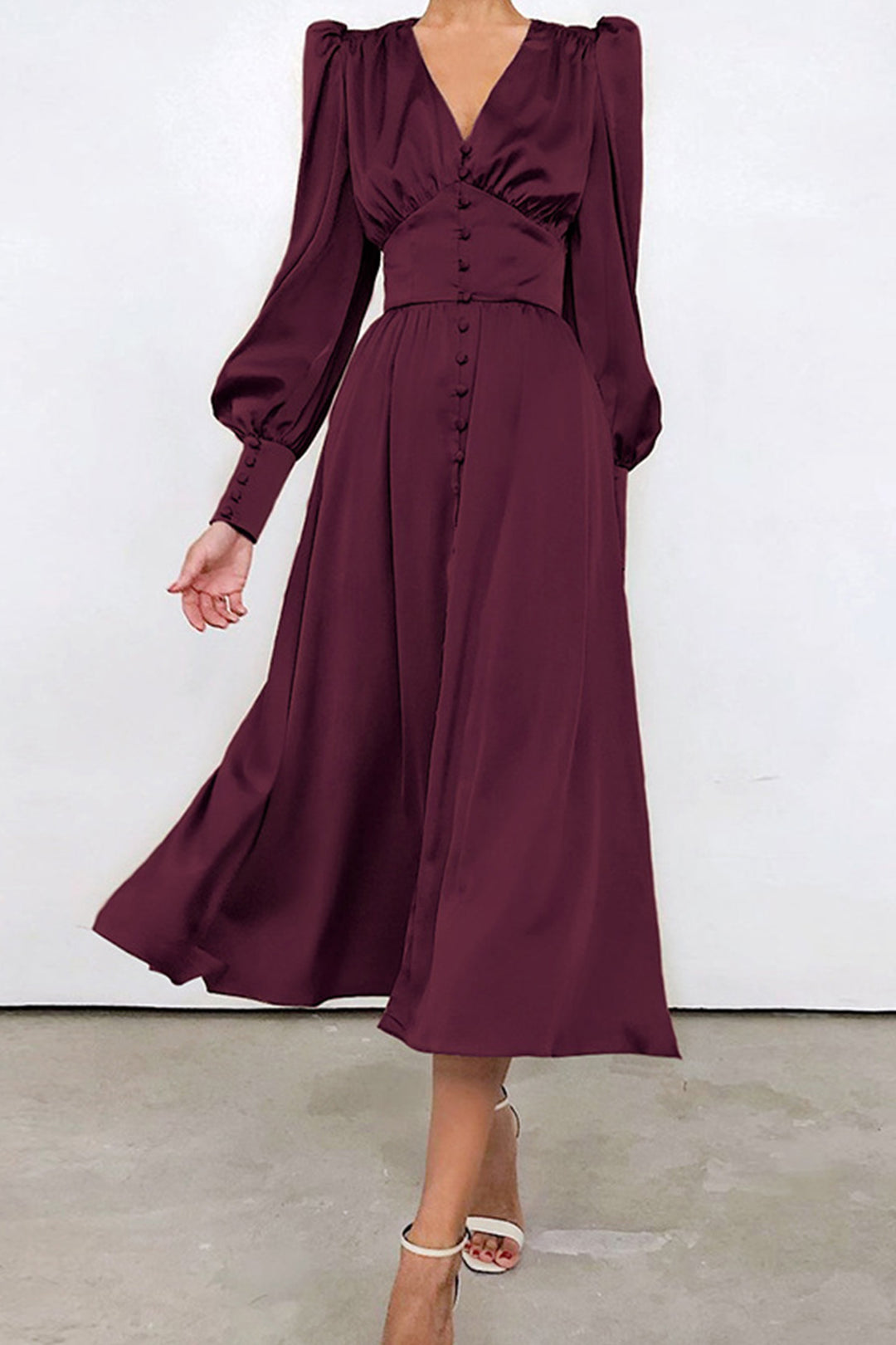 Satin Puff Sleeve Single-breasted Midi Dress Brown · XS