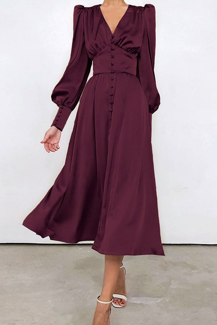 Satin Puff Sleeve Single-breasted Midi Dress Brown · XS