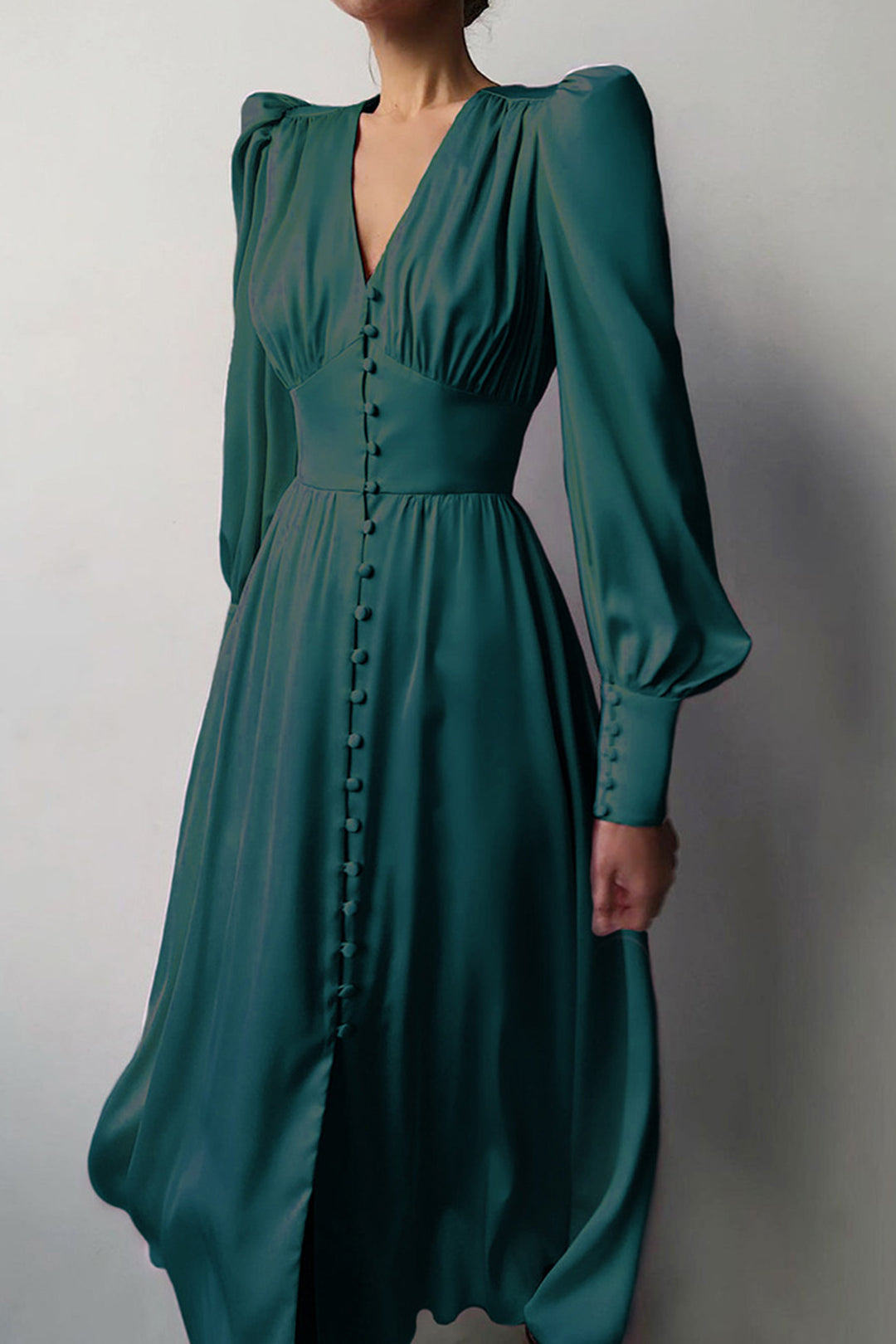 Satin Puff Sleeve Single-breasted Midi Dress Wine Red · S