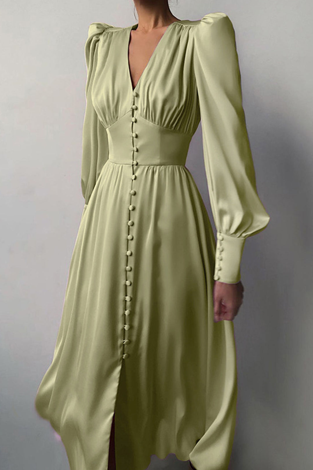 Satin Puff Sleeve Single-breasted Midi Dress Brown · M