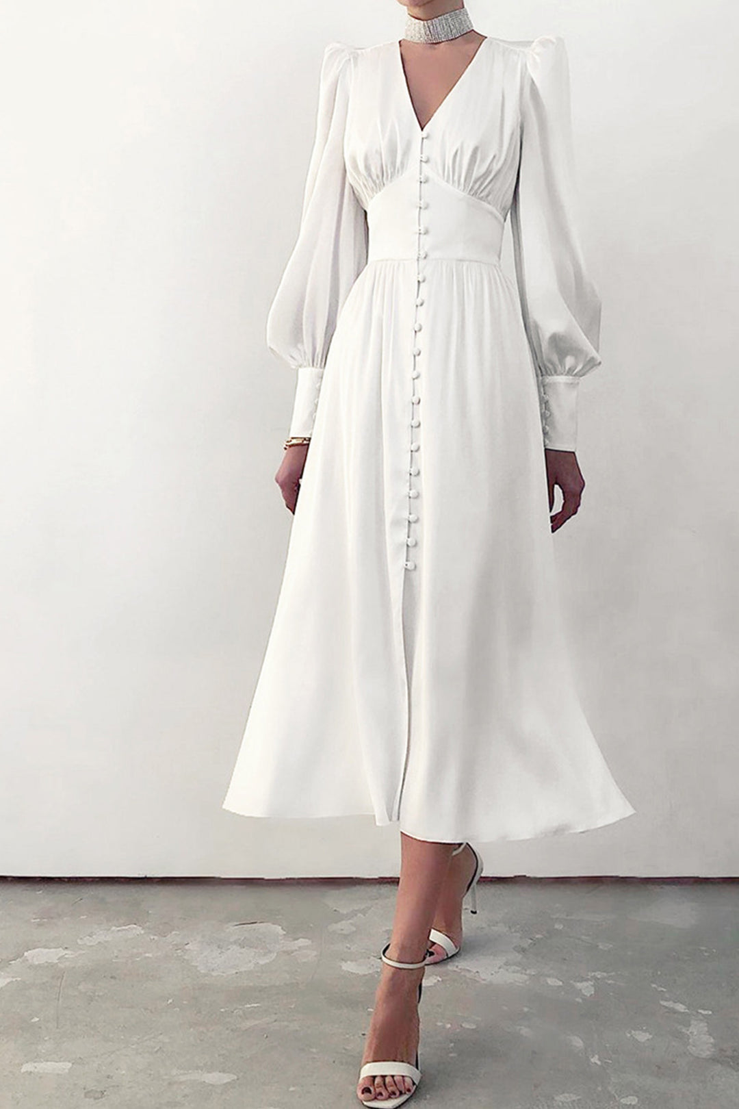 Satin Puff Sleeve Single-breasted Midi Dress Beige · M