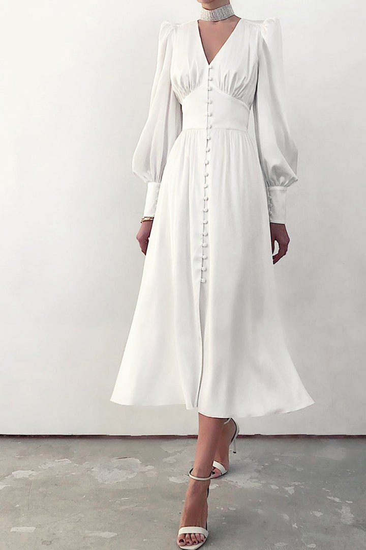 Satin Puff Sleeve Single-breasted Midi Dress Beige · M