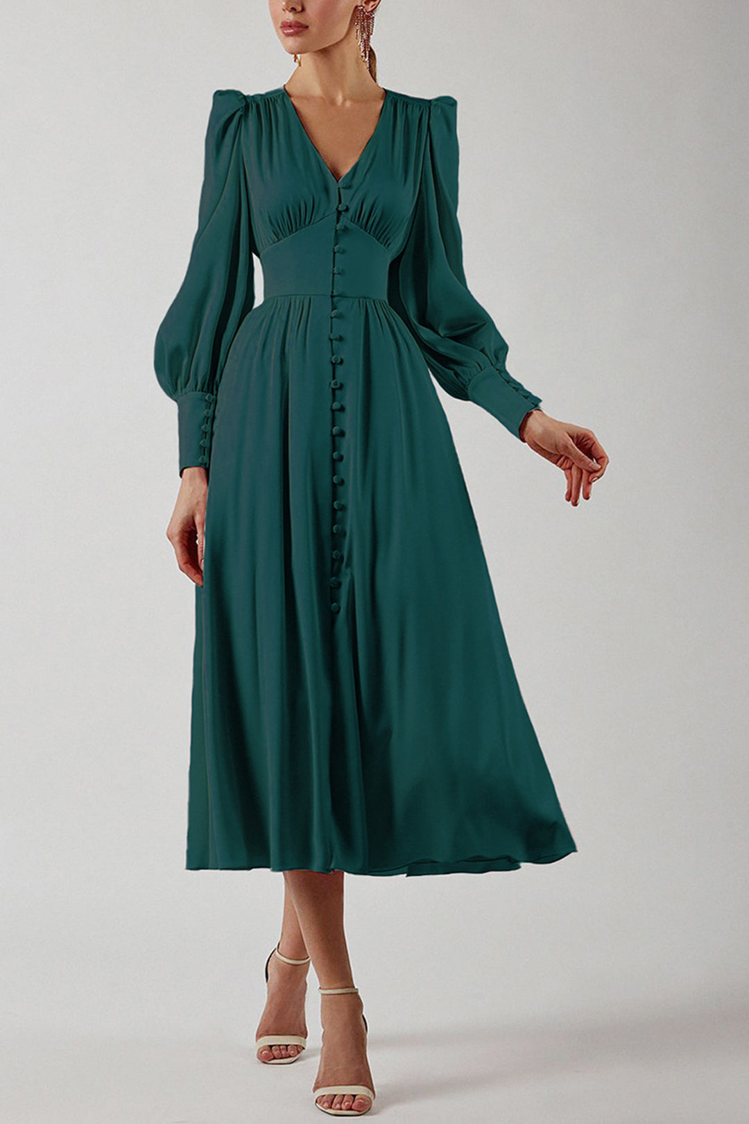 Satin Puff Sleeve Single-breasted Midi Dress Wine Red · XS