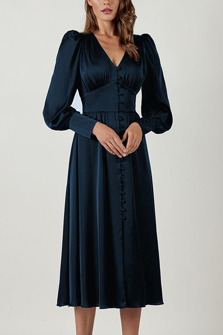 Satin Puff Sleeve Single-breasted Midi Dress Brown · XL