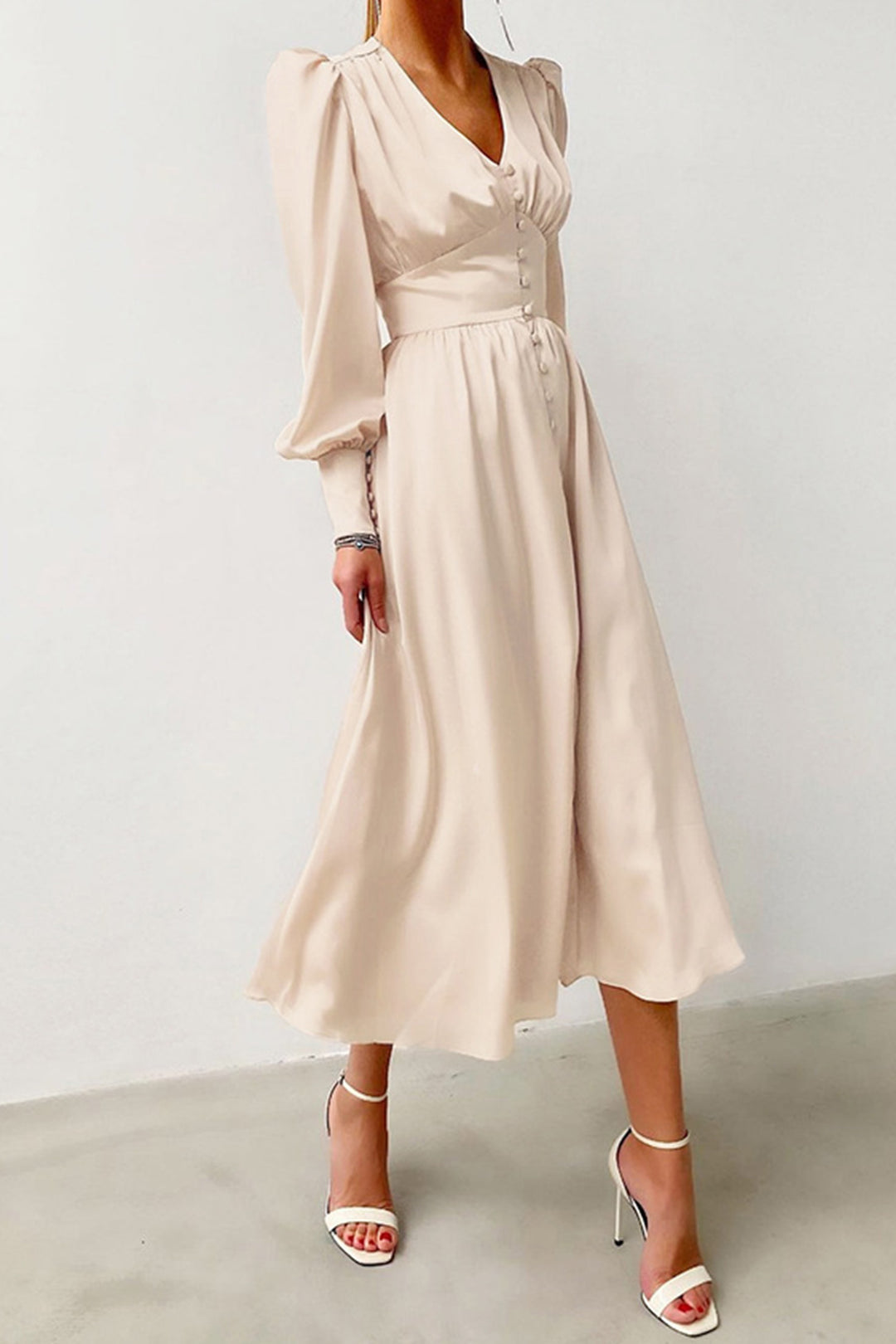 Satin Puff Sleeve Single-breasted Midi Dress