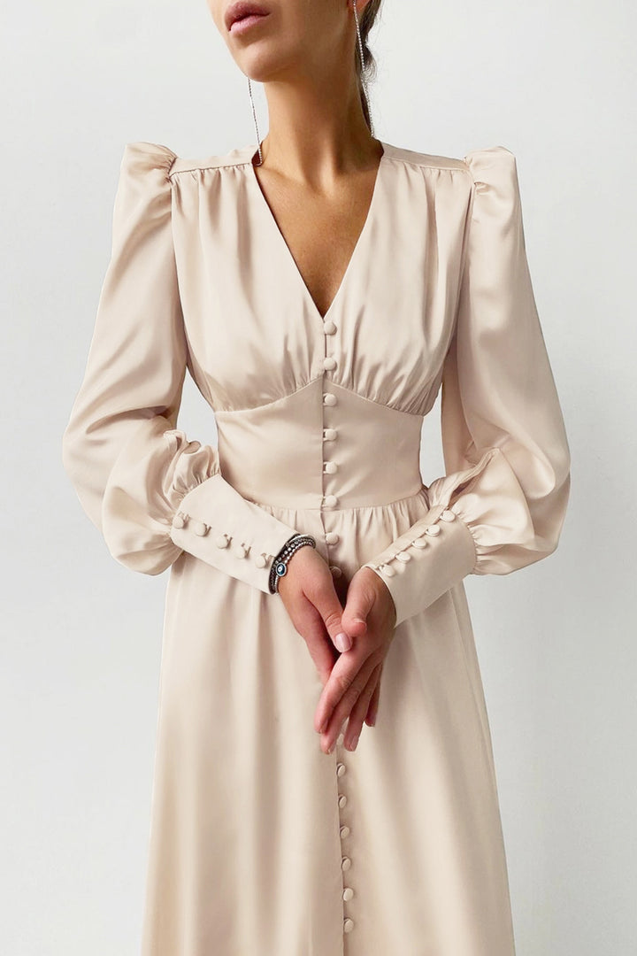 Satin Puff Sleeve Single-breasted Midi Dress Beige · S