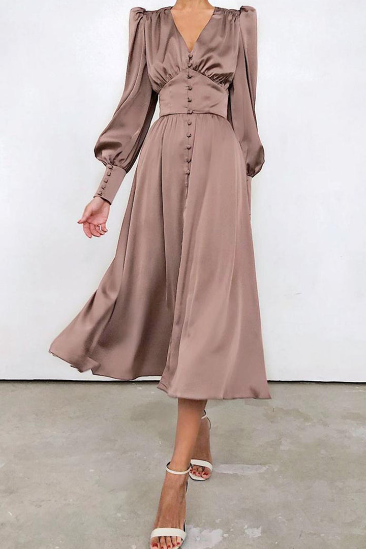 Satin Puff Sleeve Single-breasted Midi Dress Beige · L