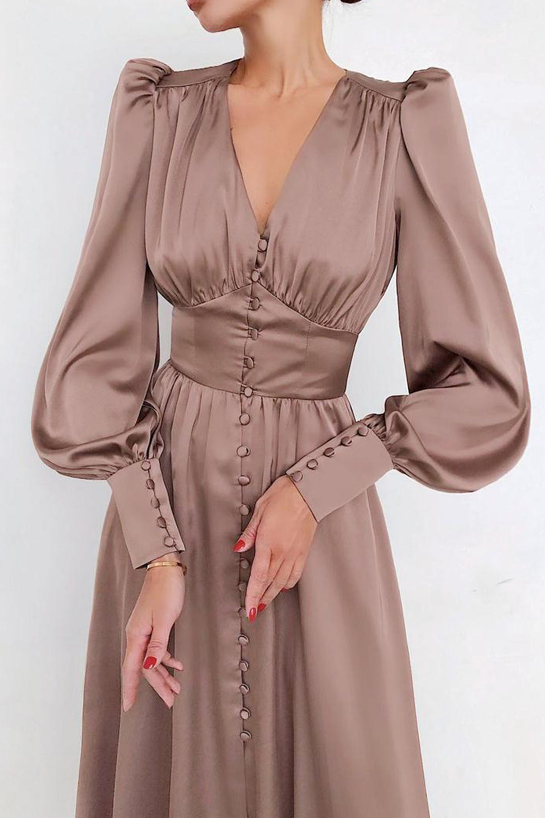 Satin Puff Sleeve Single-breasted Midi Dress Beige · XL
