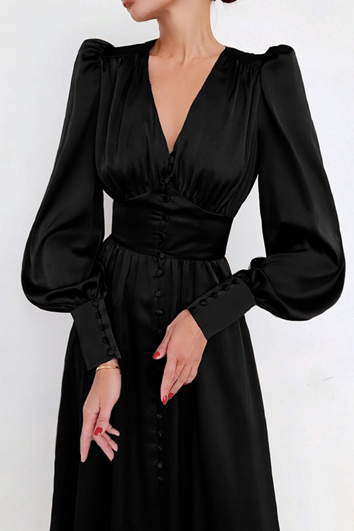 Satin Puff Sleeve Single-breasted Midi Dress Brown · L