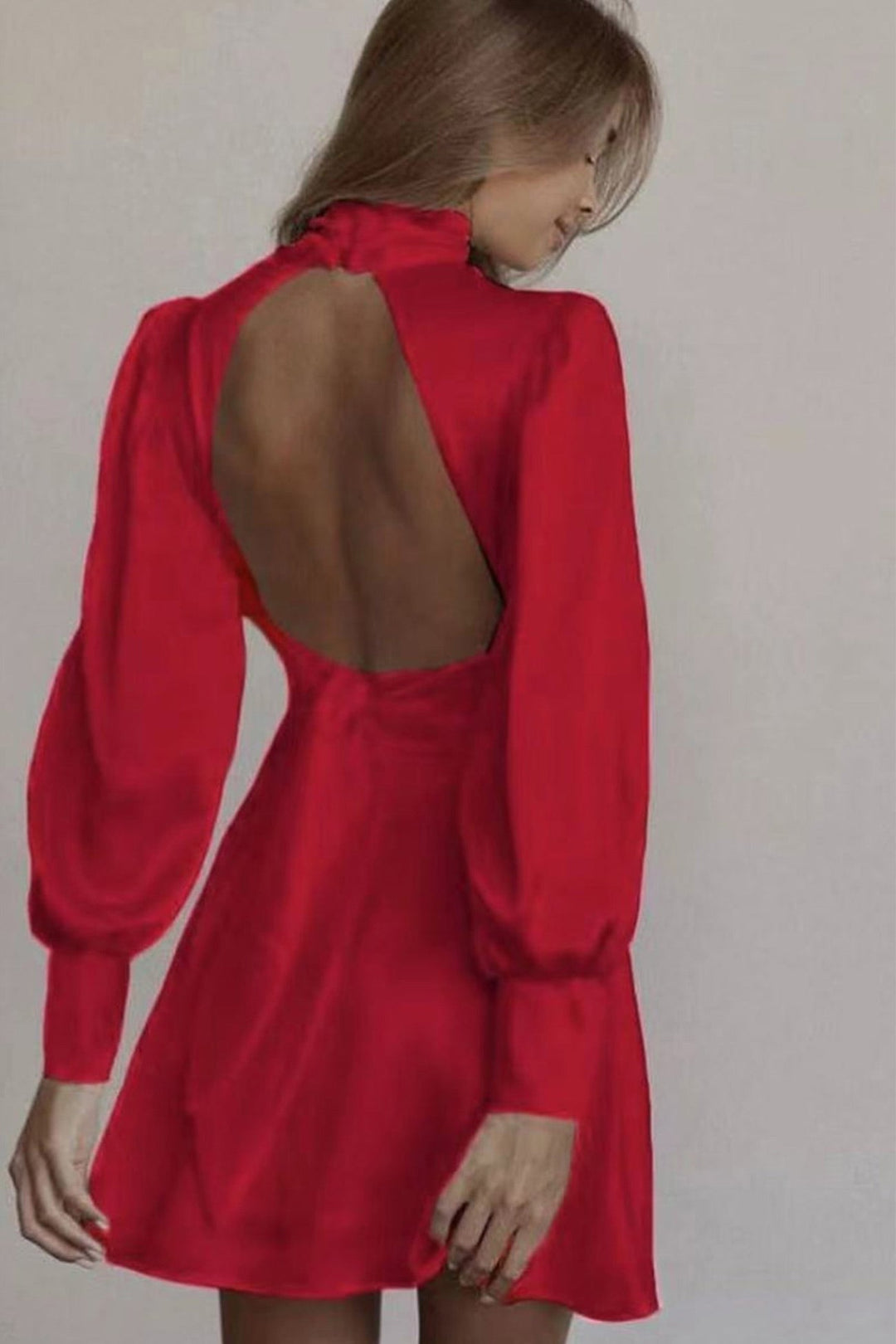 Satin Puff Sleeve Strappy Backless Dress Camel · L