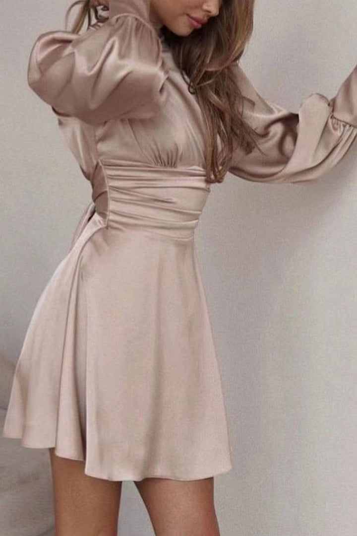 Satin Puff Sleeve Strappy Backless Dress Camel · S