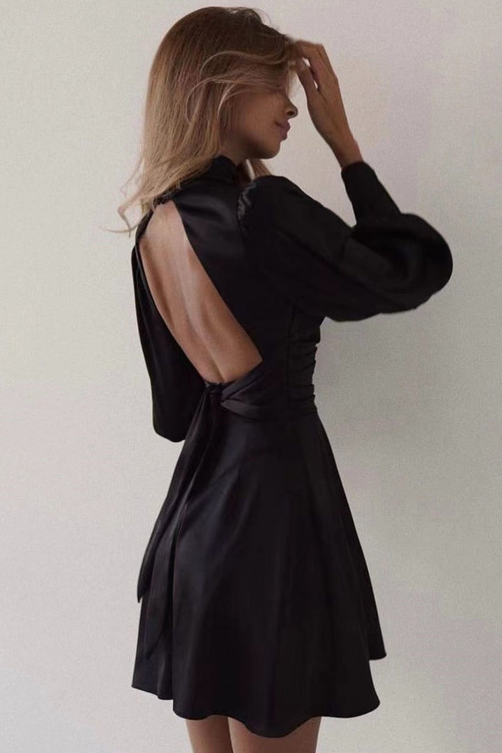 Satin Puff Sleeve Strappy Backless Dress Red · M